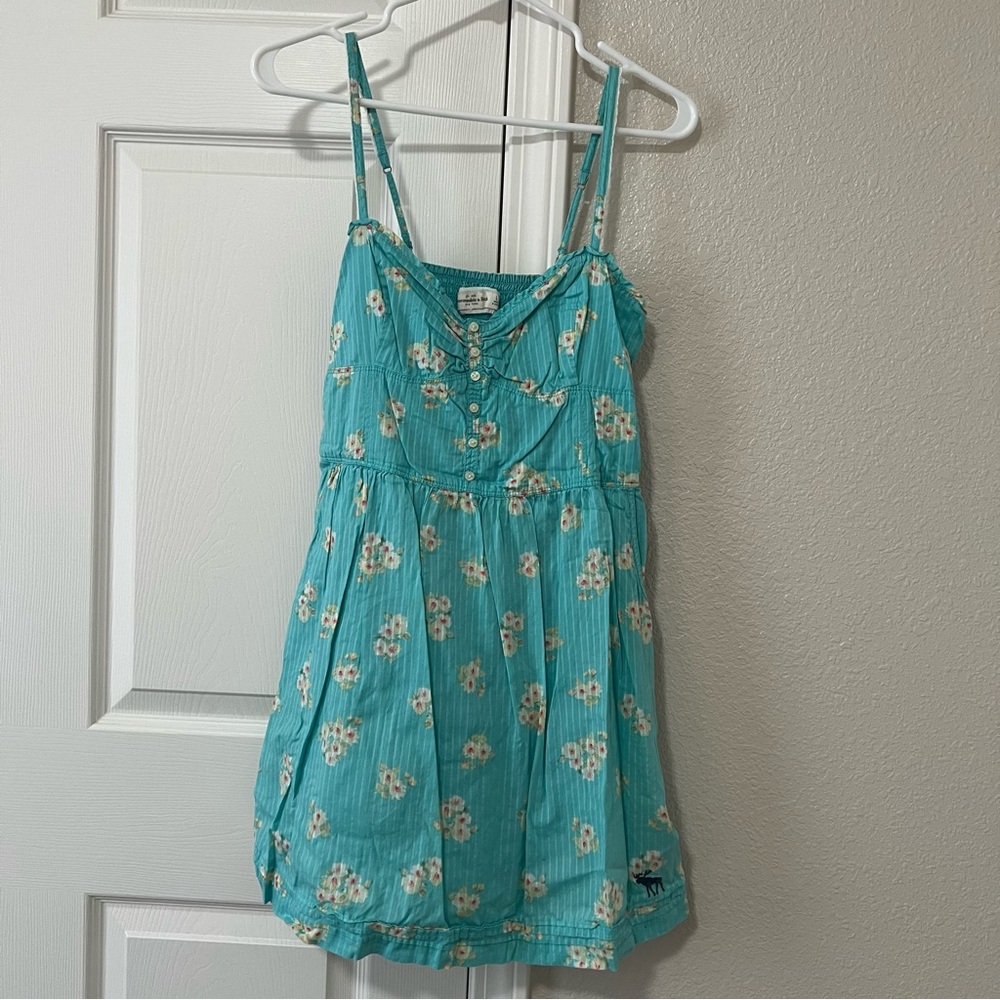 Y2K Abercrombie & Fitch Turquoise Dress with Pockets and Floral Accents - Large